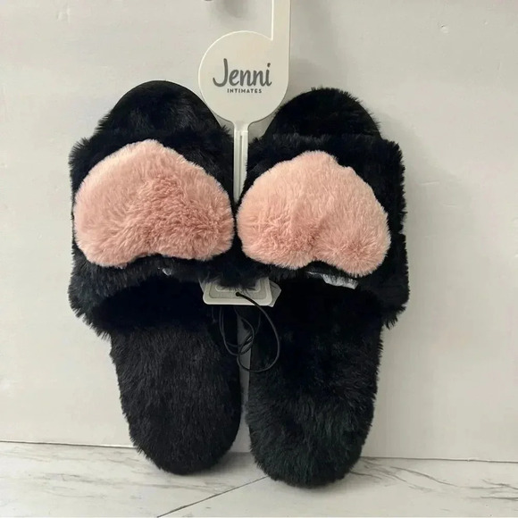 Jenni Slippers Fluffy Slides Plush Faux Fur Size XL 11-12 Black/Pink Heart - Picture 2 of 6